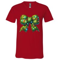 Christmas Green Coquette Bow Lights Christmas Coquette Bow V-Neck T-Shirt