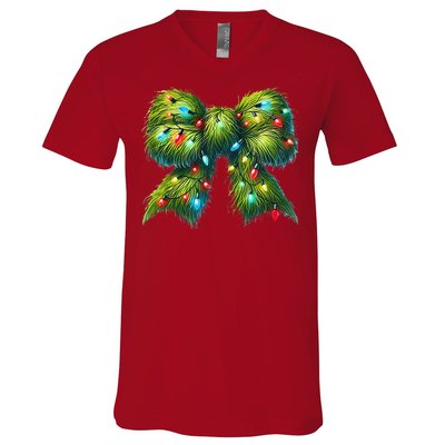 Christmas Green Coquette Bow Lights Christmas Coquette Bow V-Neck T-Shirt