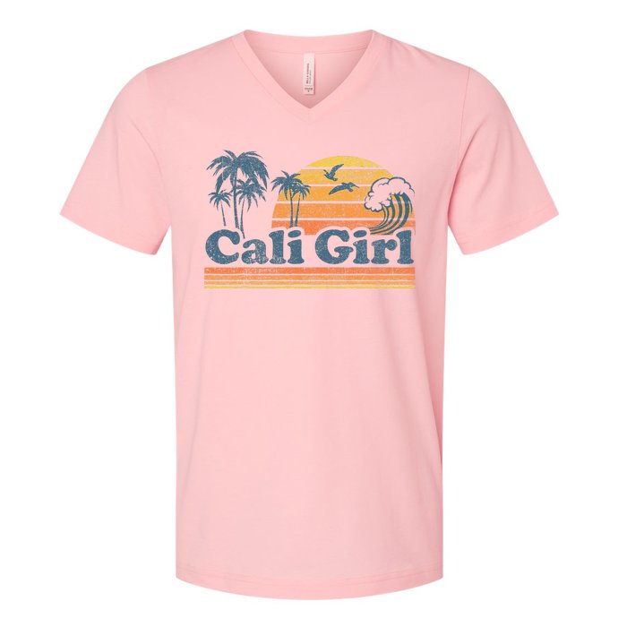 Cali Girl California Beach Summer Vacation Vintage 70s Retro V-Neck T-Shirt