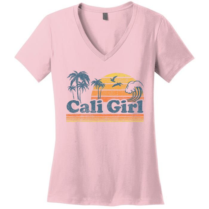 Cali Girl California Beach Summer Vacation Vintage 70s Retro Women's V-Neck T-Shirt