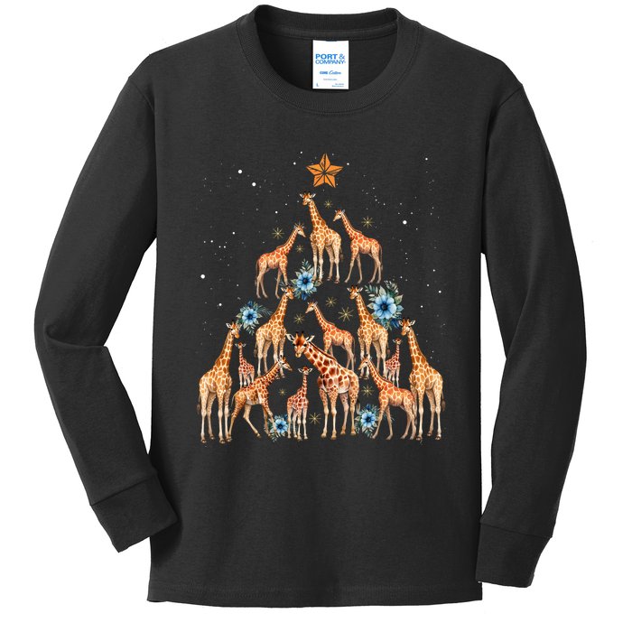 Cute Giraffe Christmas Tree Giraffe Lovers Xmas Holiday Kids Long Sleeve Shirt