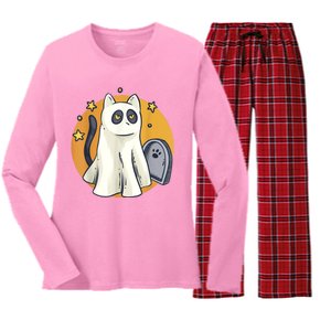 Cute Ghost Cat Funny Halloween Outfit Costumes Black Cat Women's Long Sleeve Flannel Pajama Set 