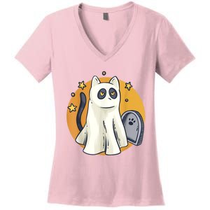 Cute Ghost Cat Funny Halloween Outfit Costumes Black Cat Women's V-Neck T-Shirt