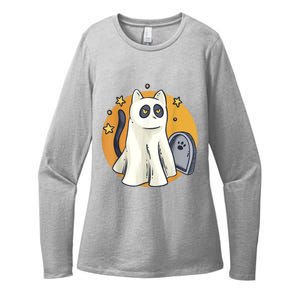 Cute Ghost Cat Funny Halloween Outfit Costumes Black Cat Womens CVC Long Sleeve Shirt