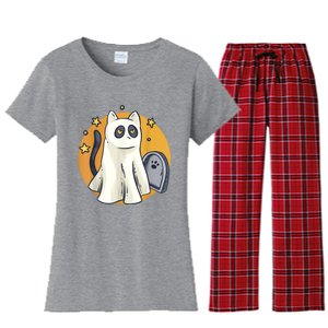 Cute Ghost Cat Funny Halloween Outfit Costumes Black Cat Women's Flannel Pajama Set