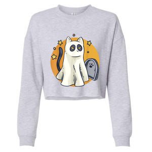 Cute Ghost Cat Funny Halloween Outfit Costumes Black Cat Cropped Pullover Crew