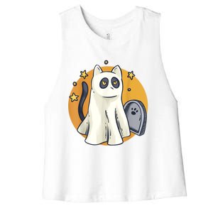 Cute Ghost Cat Funny Halloween Outfit Costumes Black Cat Women's Racerback Cropped Tank