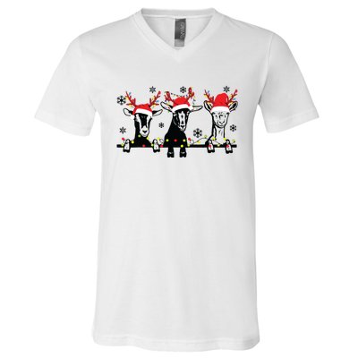 Cute Goats Christmas Lights Funny Farm Animal Christmas V-Neck T-Shirt