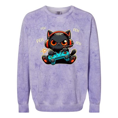 Cute Gamer Cat Playing Video Pew Pew Colorblast Crewneck Sweatshirt