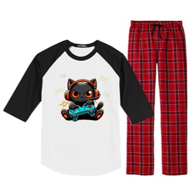 Cute Gamer Cat Playing Video Pew Pew Raglan Sleeve Pajama Set