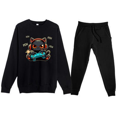 Cute Gamer Cat Playing Video Pew Pew Premium Crewneck Sweatsuit Set