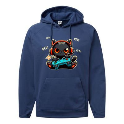 Cute Gamer Cat Playing Video Pew Pew Performance Fleece Hoodie