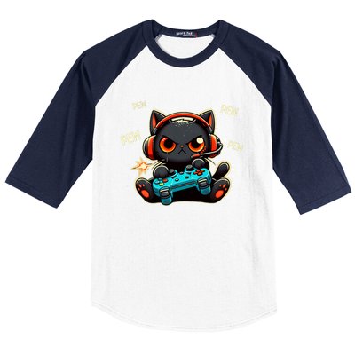 Cute Gamer Cat Playing Video Pew Pew Baseball Sleeve Shirt