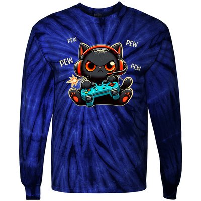 Cute Gamer Cat Playing Video Pew Pew Tie-Dye Long Sleeve Shirt