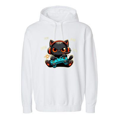 Cute Gamer Cat Playing Video Pew Pew Garment-Dyed Fleece Hoodie