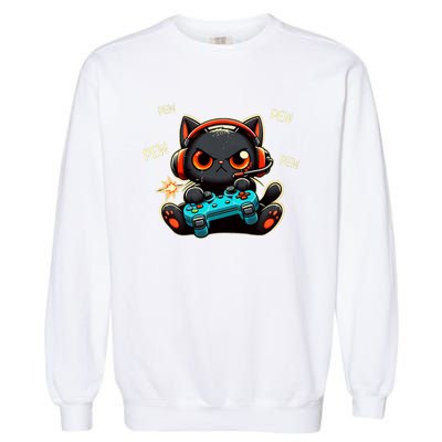 Cute Gamer Cat Playing Video Pew Pew Garment-Dyed Sweatshirt