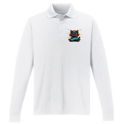 Cute Gamer Cat Playing Video Pew Pew Performance Long Sleeve Polo