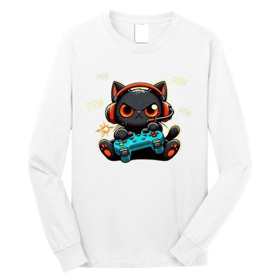 Cute Gamer Cat Playing Video Pew Pew Long Sleeve Shirt