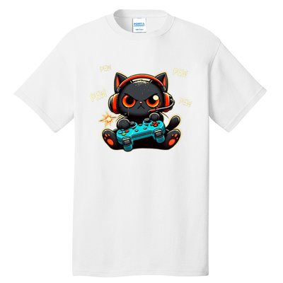 Cute Gamer Cat Playing Video Pew Pew Tall T-Shirt