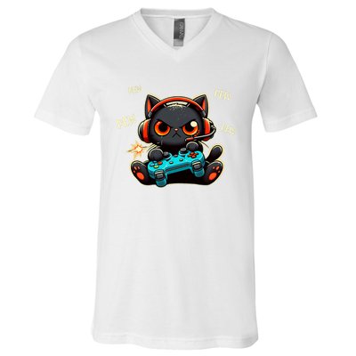 Cute Gamer Cat Playing Video Pew Pew V-Neck T-Shirt