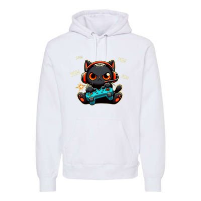 Cute Gamer Cat Playing Video Pew Pew Premium Hoodie