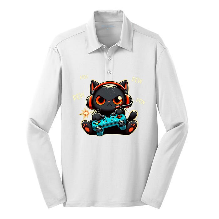 Cute Gamer Cat Playing Video Pew Pew Silk Touch Performance Long Sleeve Polo