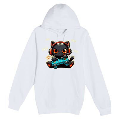 Cute Gamer Cat Playing Video Pew Pew Premium Pullover Hoodie