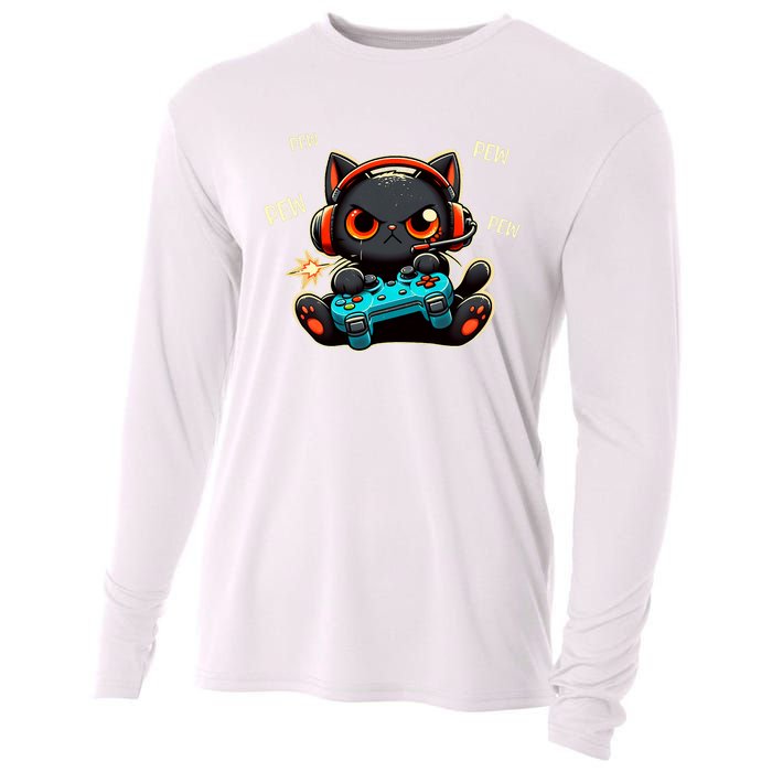 Cute Gamer Cat Playing Video Pew Pew Cooling Performance Long Sleeve Crew