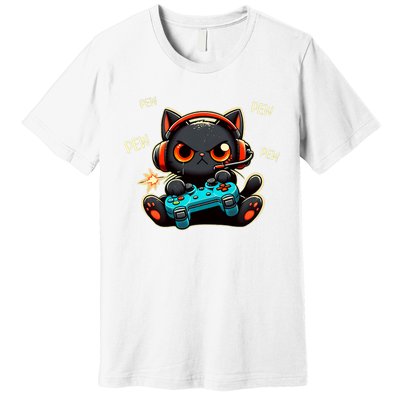 Cute Gamer Cat Playing Video Pew Pew Premium T-Shirt