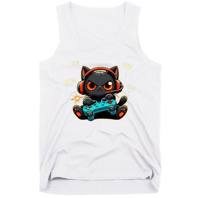 Cute Gamer Cat Playing Video Pew Pew Tank Top