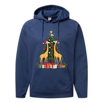 Cute Giraffe Christmas Tree Giraffe Lovers Xmas Holiday Performance Fleece Hoodie