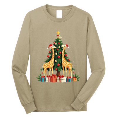 Cute Giraffe Christmas Tree Giraffe Lovers Xmas Holiday Long Sleeve Shirt