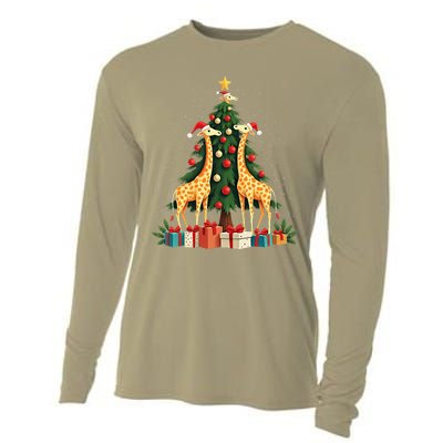 Cute Giraffe Christmas Tree Giraffe Lovers Xmas Holiday Cooling Performance Long Sleeve Crew