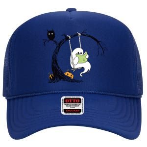 Cute Ghost Costume Reading Book Halloween High Crown Mesh Back Trucker Hat