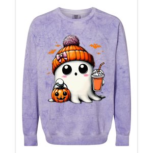 Cute Ghost Drinking Coffee Halloween Ghost Ice Coffee Colorblast Crewneck Sweatshirt