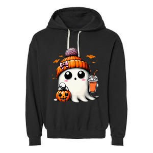 Cute Ghost Drinking Coffee Halloween Ghost Ice Coffee Garment-Dyed Fleece Hoodie