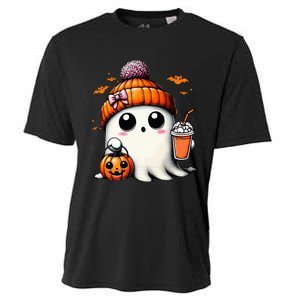 Cute Ghost Drinking Coffee Halloween Ghost Ice Coffee Cooling Performance Crew T-Shirt