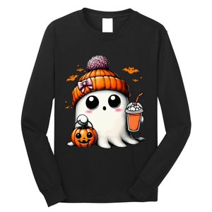 Cute Ghost Drinking Coffee Halloween Ghost Ice Coffee Long Sleeve Shirt