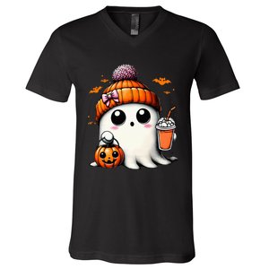 Cute Ghost Drinking Coffee Halloween Ghost Ice Coffee V-Neck T-Shirt