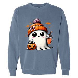 Cute Ghost Drinking Coffee Halloween Ghost Ice Coffee Garment-Dyed Sweatshirt