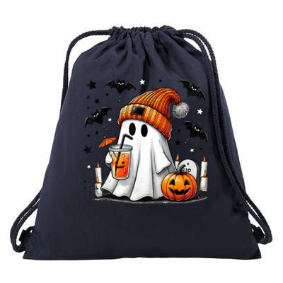 Cute Ghost Drinking Coffee Halloween Ghost Coffee Drawstring Bag