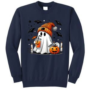 Cute Ghost Drinking Coffee Halloween Ghost Coffee Tall Sweatshirt