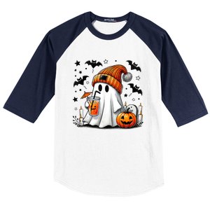 Cute Ghost Drinking Coffee Halloween Ghost Coffee Baseball Sleeve Shirt