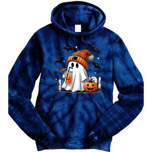 Cute Ghost Drinking Coffee Halloween Ghost Coffee Tie Dye Hoodie