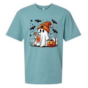 Cute Ghost Drinking Coffee Halloween Ghost Coffee Sueded Cloud Jersey T-Shirt