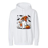 Cute Ghost Drinking Coffee Halloween Ghost Coffee Garment-Dyed Fleece Hoodie