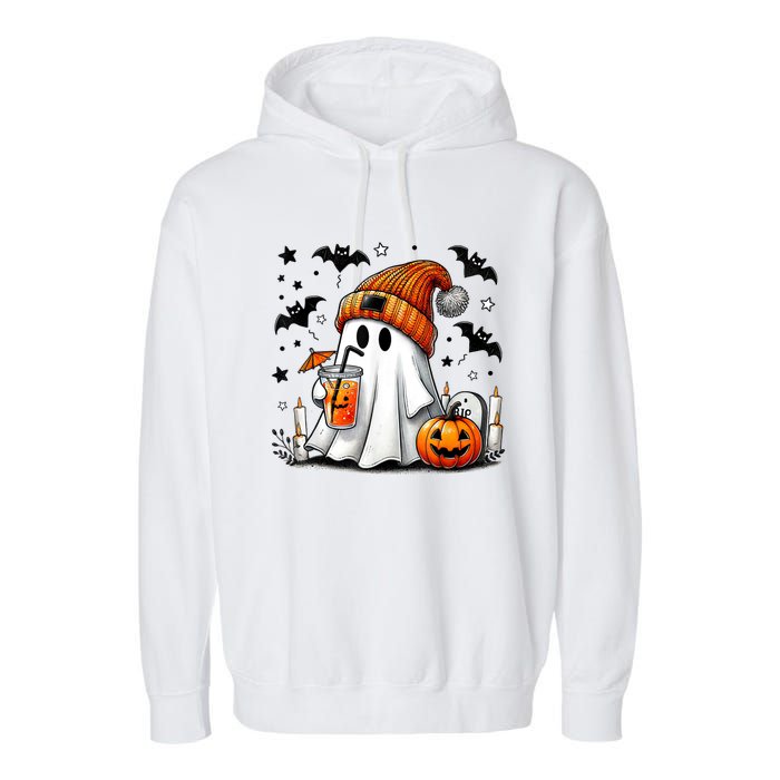 Cute Ghost Drinking Coffee Halloween Ghost Coffee Garment-Dyed Fleece Hoodie