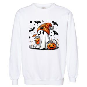 Cute Ghost Drinking Coffee Halloween Ghost Coffee Garment-Dyed Sweatshirt