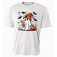 Cute Ghost Drinking Coffee Halloween Ghost Coffee Cooling Performance Crew T-Shirt