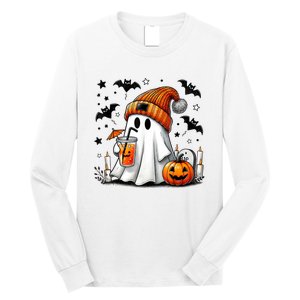 Cute Ghost Drinking Coffee Halloween Ghost Coffee Long Sleeve Shirt